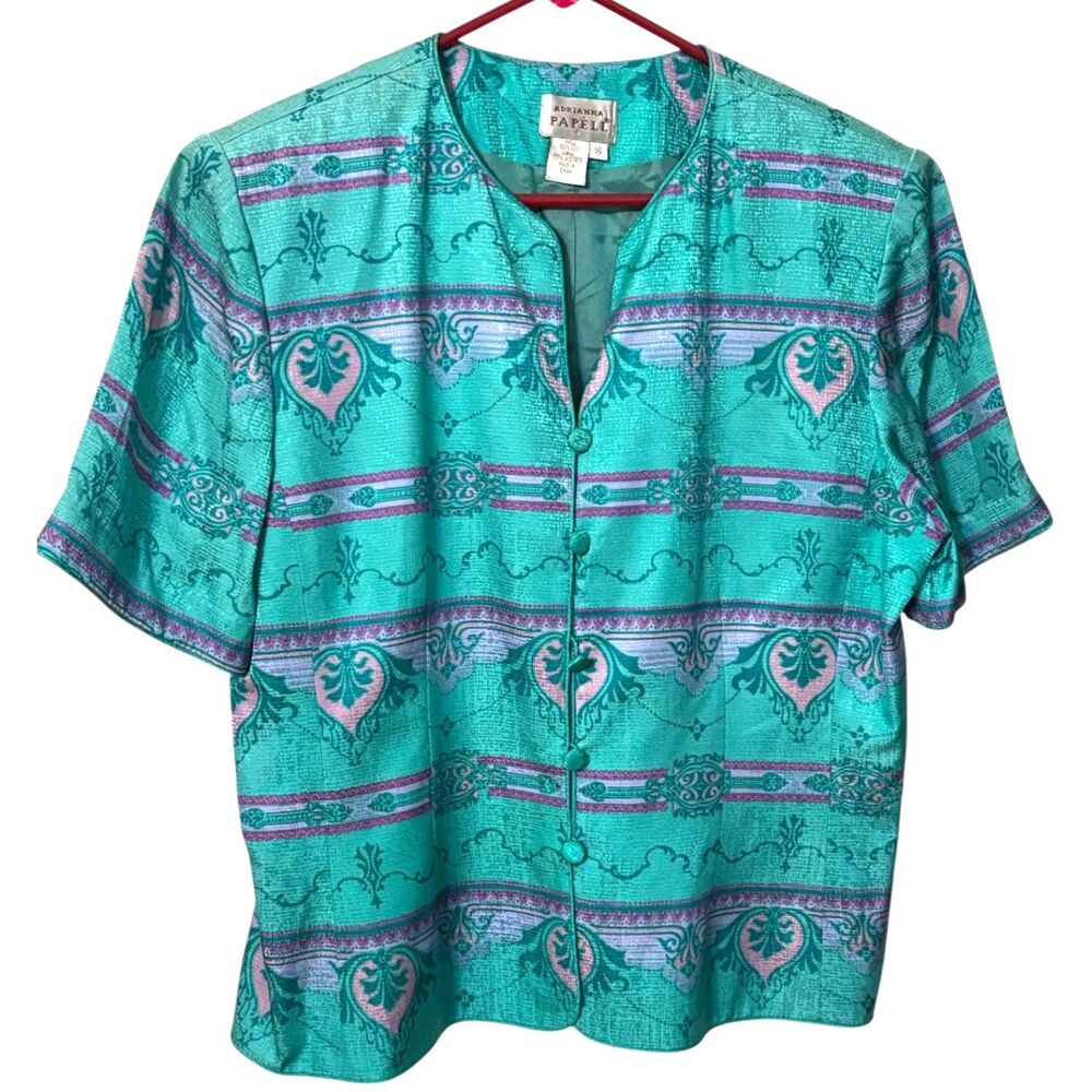 Adrianna Papell 100% Silk Blouse Jacket Top Teal Purple Print Size 16 Vintage